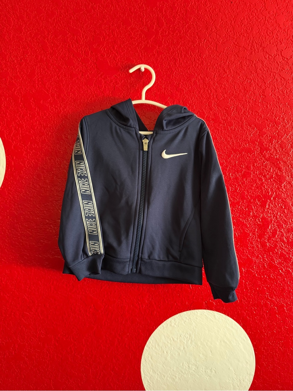 Nike Kids Navy Zip Hoodie with White Swoosh and Sleeve Tape